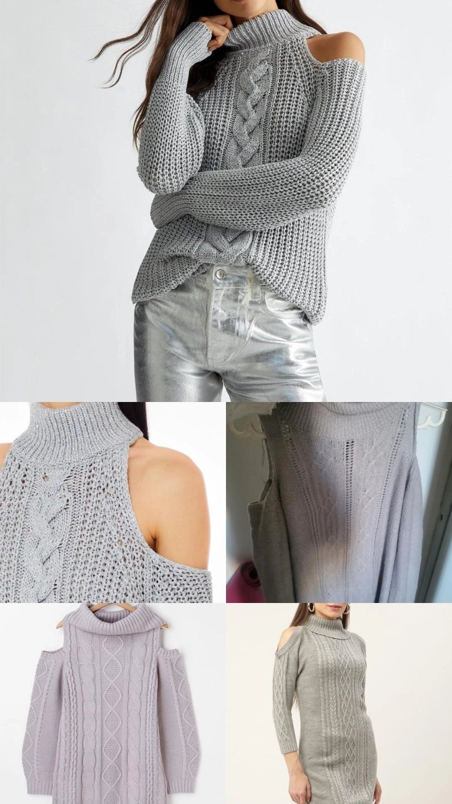 Pull à épaules dénudées en maille acrylique 100 % pour femme, gris, taille L⁷