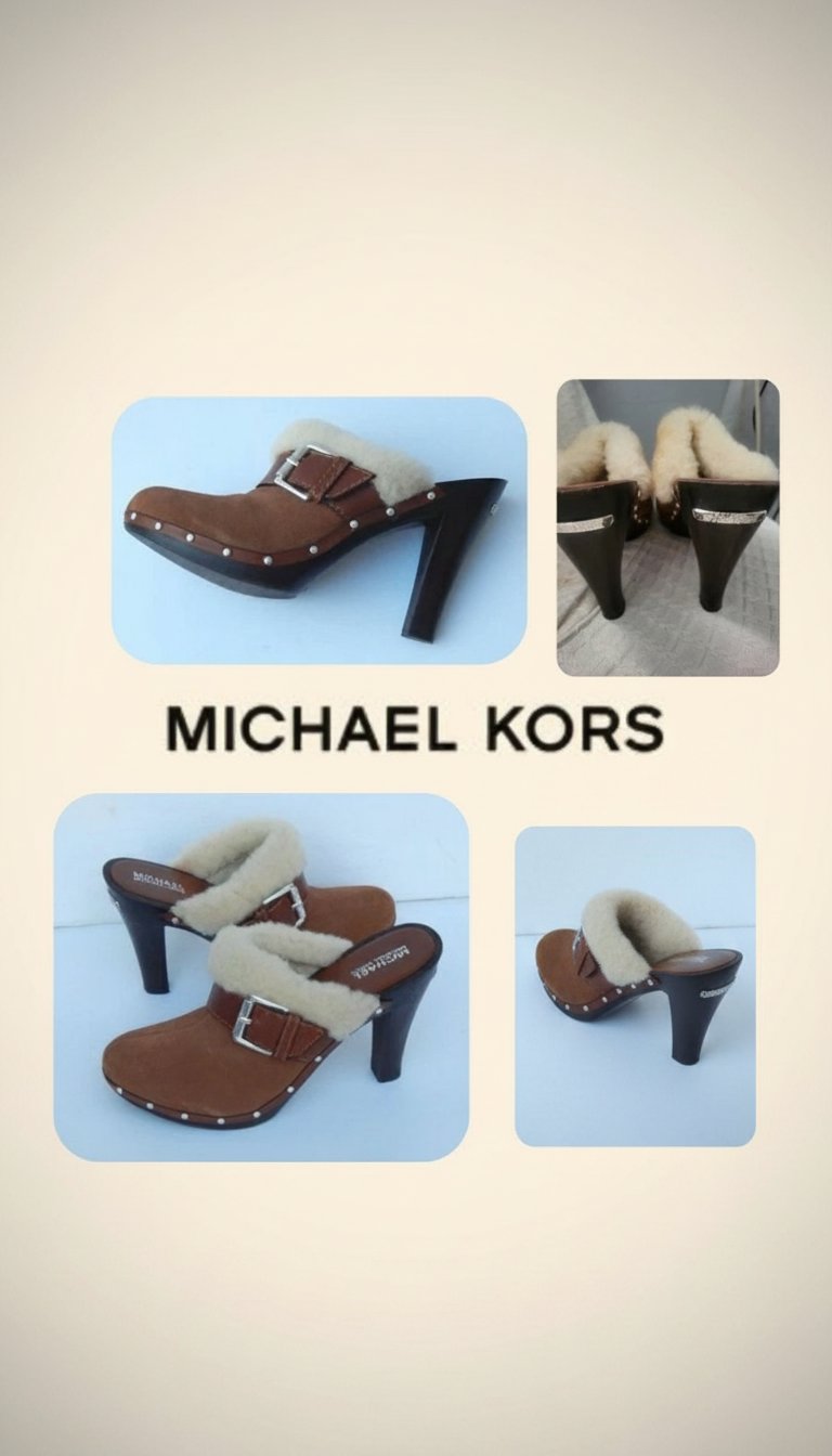 Sabots-mules Michael Kors en daim marron à talons cloutés, pointure 36, en excellent état.