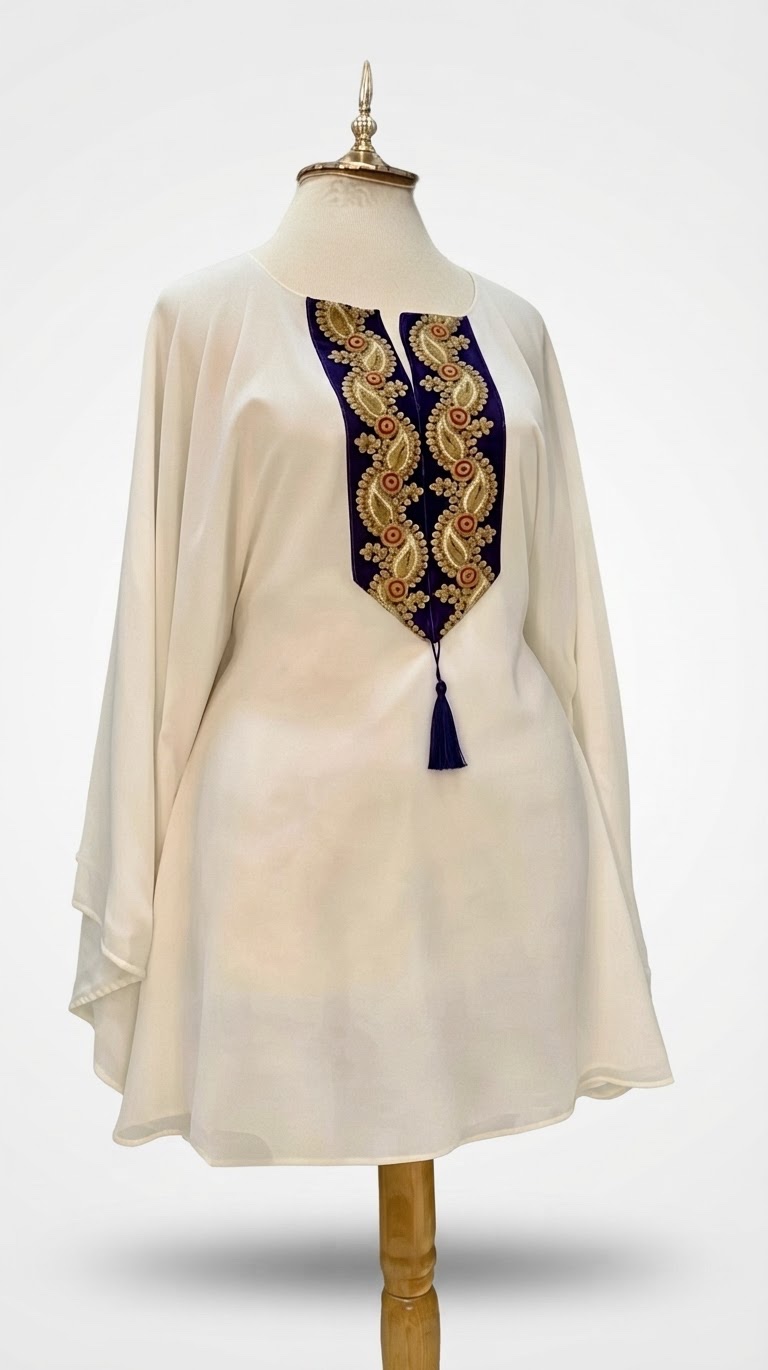 Poncho blanc avec touche traditionnelle