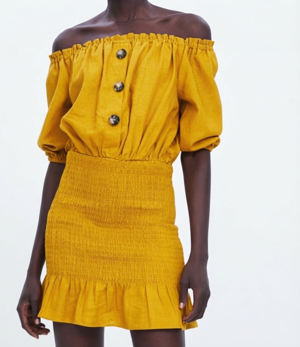 Robe Zara moutarde, style rustique, à manches bouffantes