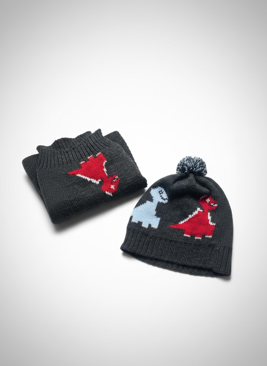 Bonnet et cache col gris et rouge 