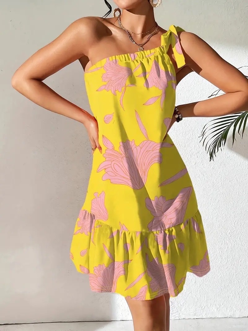 Robe florale jaune et rose 