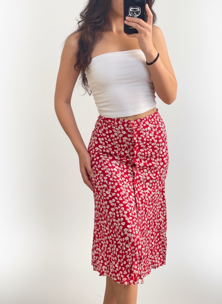 Jupe rouge avec des fleurs blanc 