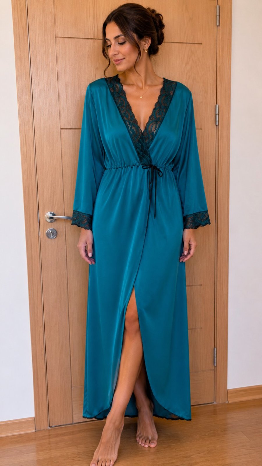Robe de style nuisette ou kimono, de couleur vert émeraude profond, avec une finition satinée qui donne un aspect fluide et élégant. La robe est dotée de manches longues légèrement amples, bordées de dentelle noire délicate