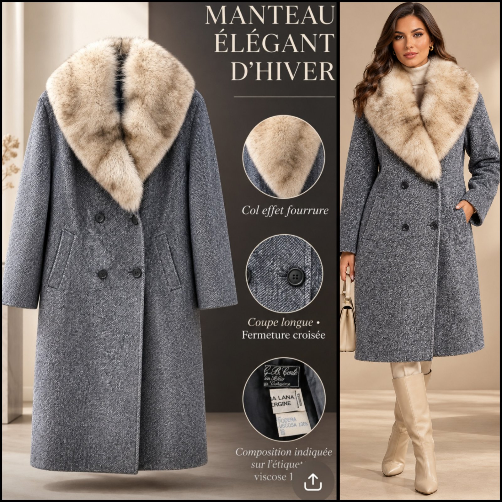 Manteau Pure Vergine Lana Mode in Italy ⛄️ Col effet Forrure❄️