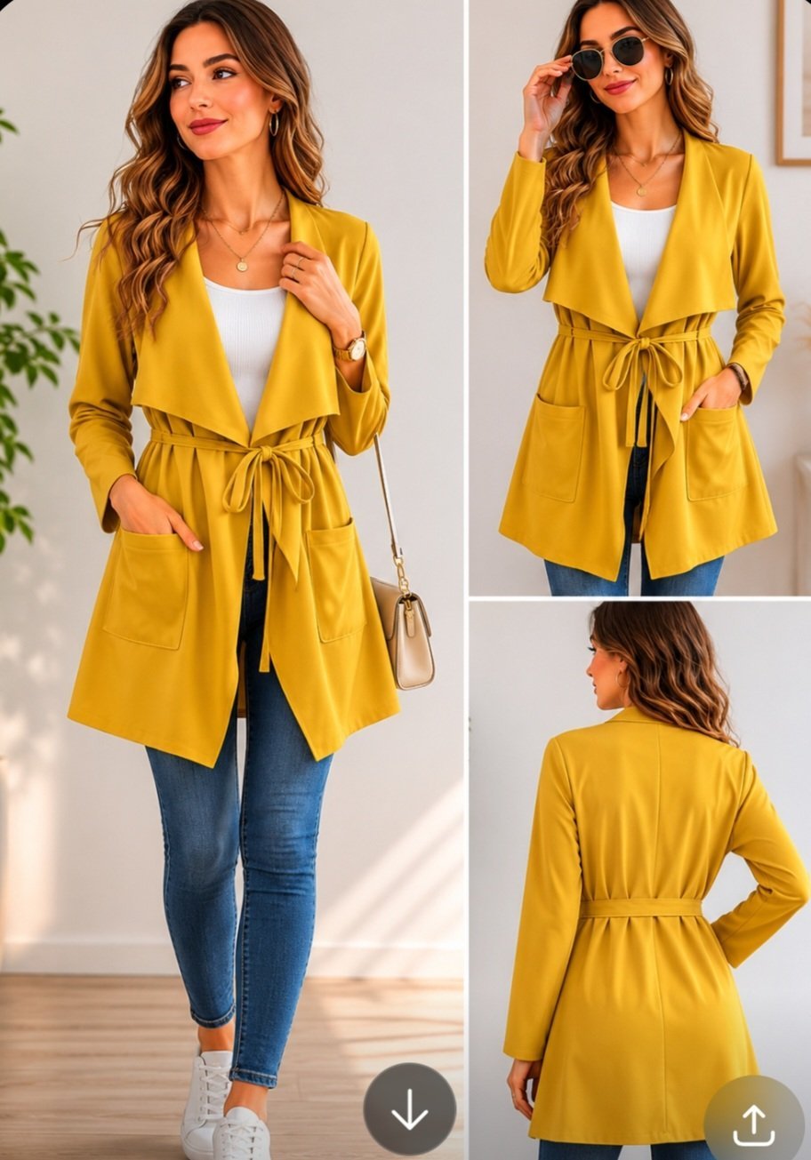 Veste cardigan élégante de couleur jaune moutarde, au design moderne et fluide. Elle se distingue par son col à revers effet cascade qui apporte une touche sophistiquée et féminine