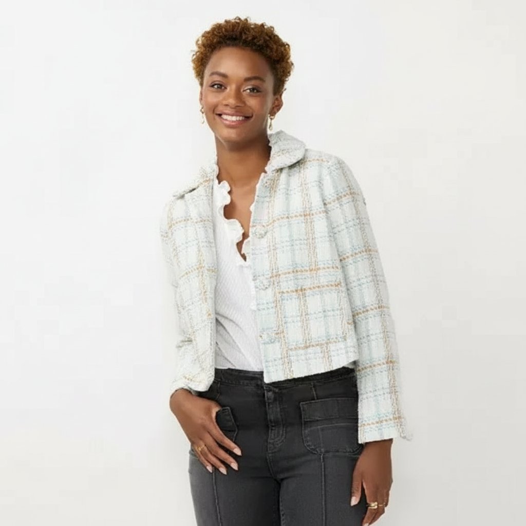 NWOT Lauren Conrad White Teal Gold Plaid Tweed Blazer LC Lauren Conrad