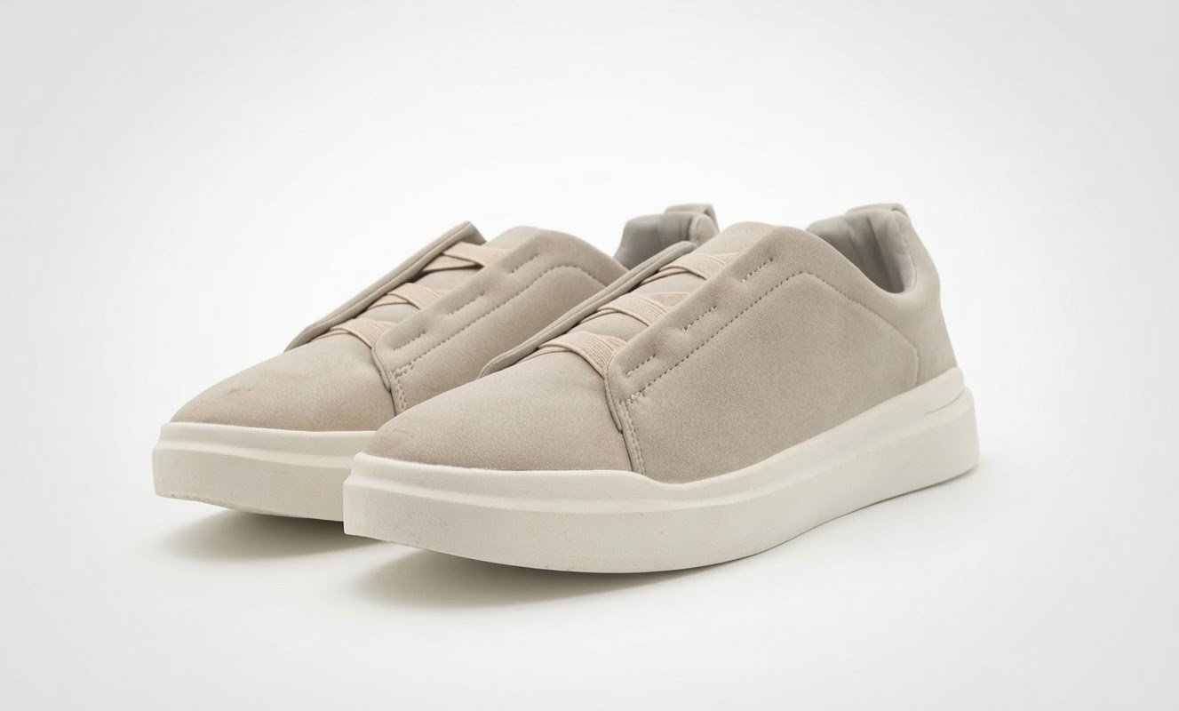 Une paire de baskets beiges pour hommes de la marque John Devin avec des lacets élastiques et une semelle blanche, de taille 42