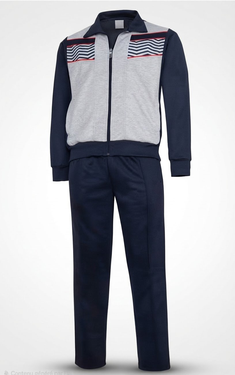 Survêtement deux pièces pour homme (veste à fermeture éclair et pantalon assorti)une veste à col montant, zip complet et empiècement gris/marine et motifs à chevrons sur le torse