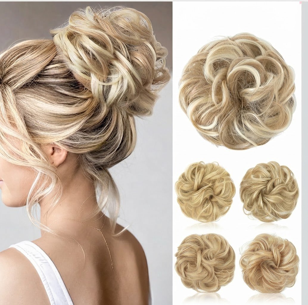  Chignon Postiche Cheveux Bouclé, Faux Chignon Élastique pour Femme blanc claire