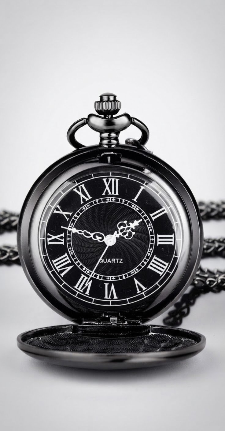 Une montre de poche à quartz de style vintage avec un cadran noir et des chiffres romains blancs.
