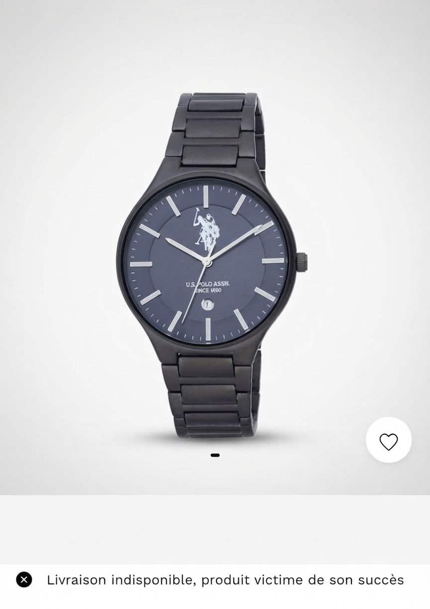 C'est une montre pour homme de la marque U.S. Polo Assn. (modèle analogique noir avec bracelet en acier ou aluminium assorti, portant le logo du joueur de polo au dos du boîtier et sur le cadran