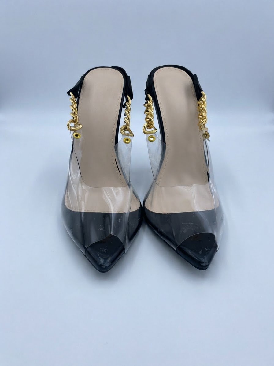 Escarpins à Talon Haut Transparente avec Chaînes Dorées – Noir & Transparent