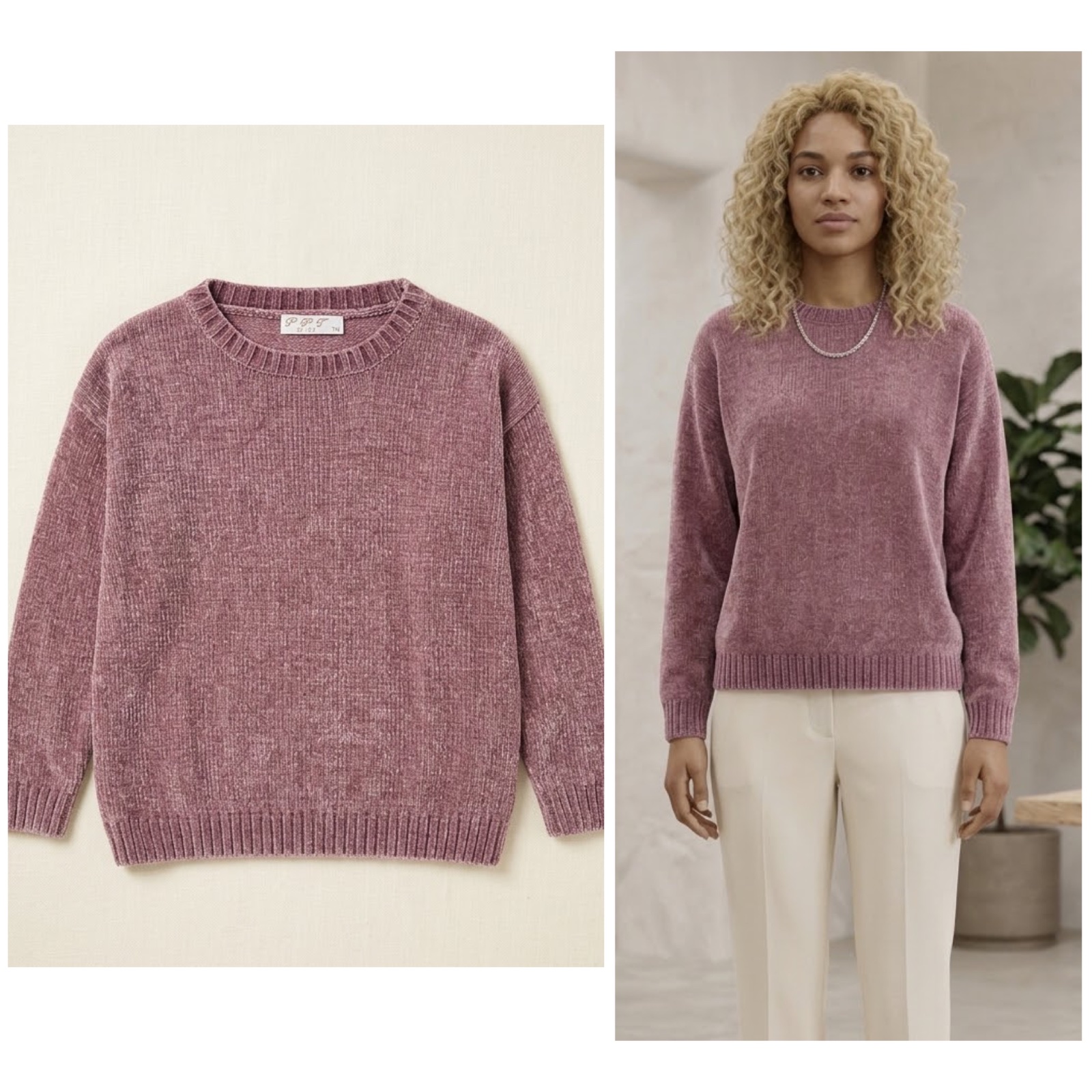 Pull en maille chenille de couleur Rose poudré