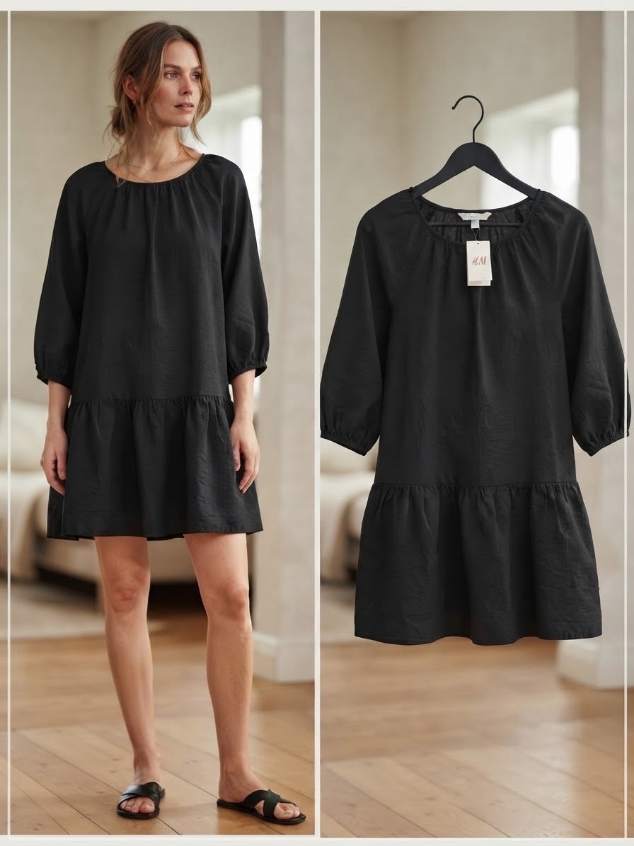 Robe noire (ou tunique chemise) H&M taille m/L possède une coupe courte et évasée avec un volant froncé. Elle est dotée de manches 3/4 bouffantes. Son tissu présente une texture légèrement texturée et froissée. Taille m/L