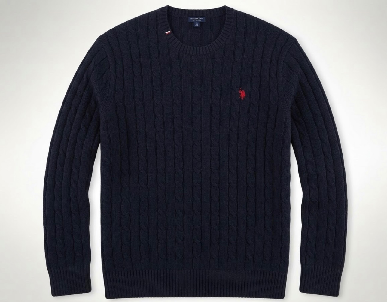 Pull USPA pour homme neuf jamais porté authentique en maille torsadée fabriqué à partir d'un mélange de coton et de cachemire