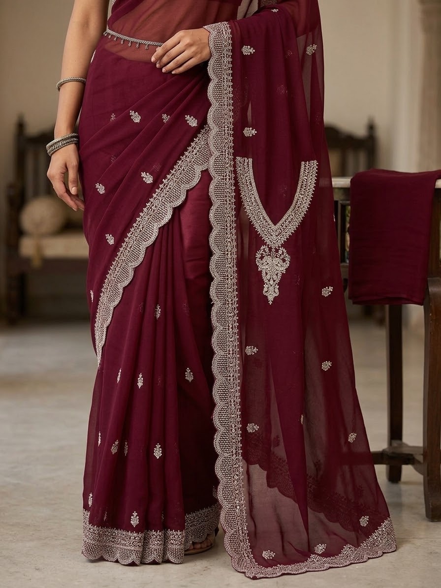 Sari jamais porté de 3 pièces bordeaux neuf et non cousu, avec magnifiques broderies et finitions perlées, idéal à tailler sur mesure.