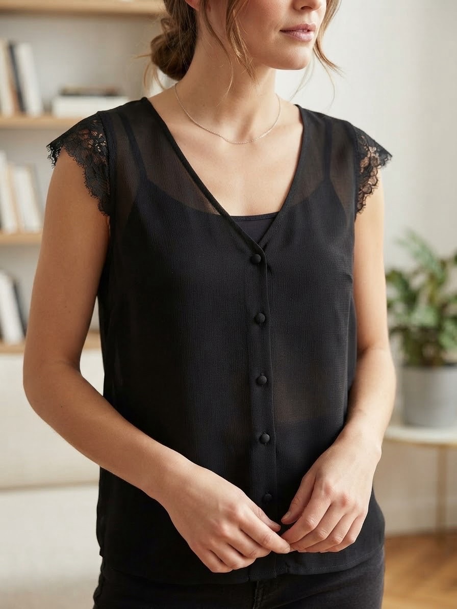Magnifique blouse shein fluide noir chic boutonné, unique avec dentelle sur les manches et le dos.