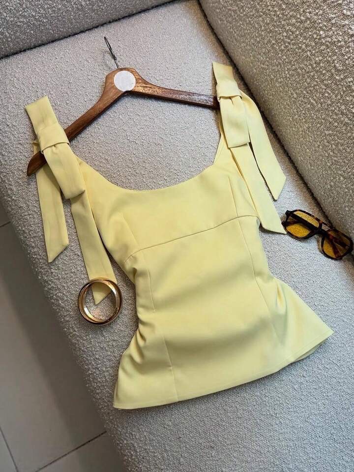 Zara Yellow Sleeveless Top With Bow Straps 