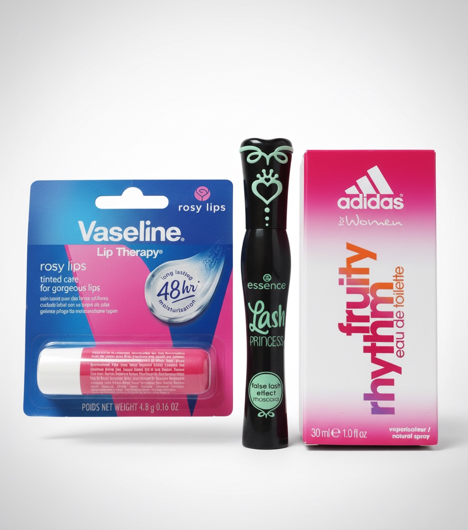 Lot de 3 produits de beauté : Vaseline, Essence, Adidas