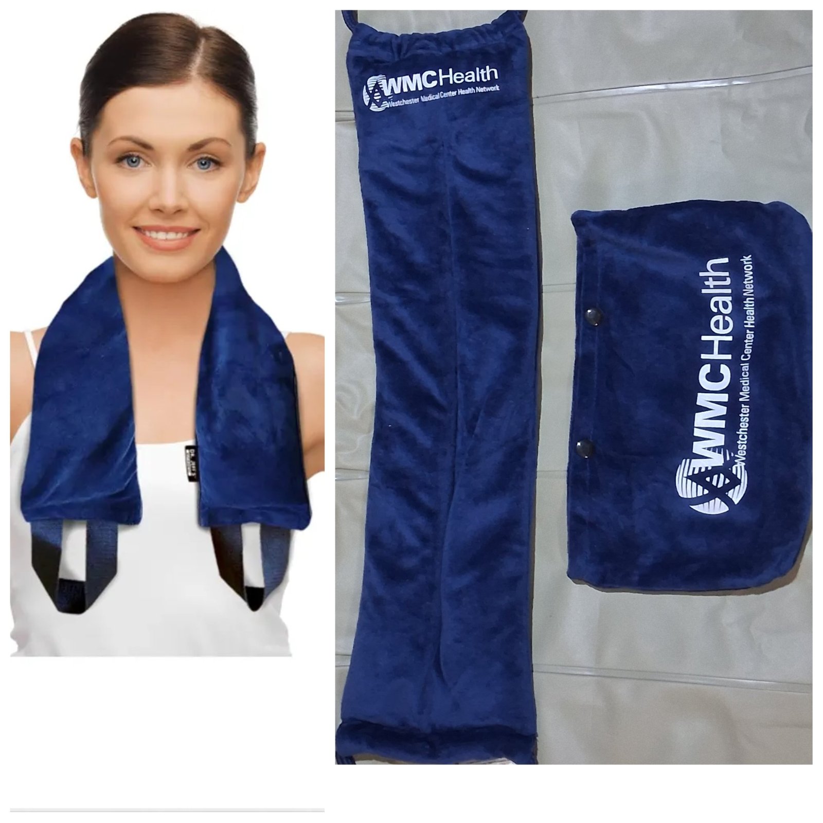 Compresse chauffante longue pour le cou et les épaules remplie de billes d'argile, personnalisée avec le logo de WMCHealth, accompagnée de sa pochette de rangement assortie.
