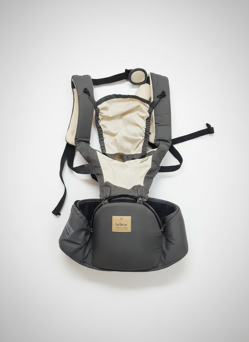 Porte-bébé ergonomique gris de la marque Bebear, doté d'un siège de hanche intégré
