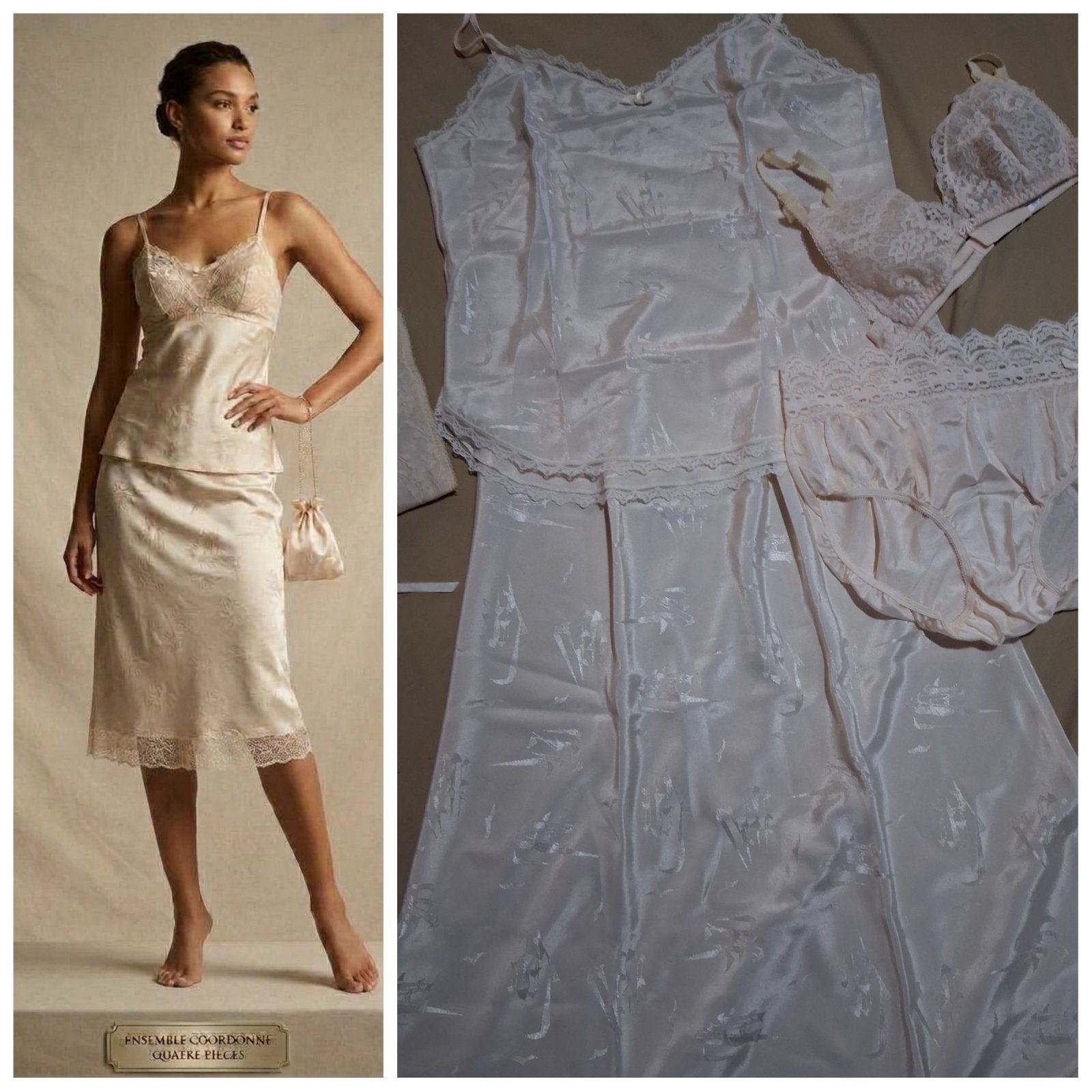 Ensemble  4 pièces de  lingerie de couleur crème/rose pâle