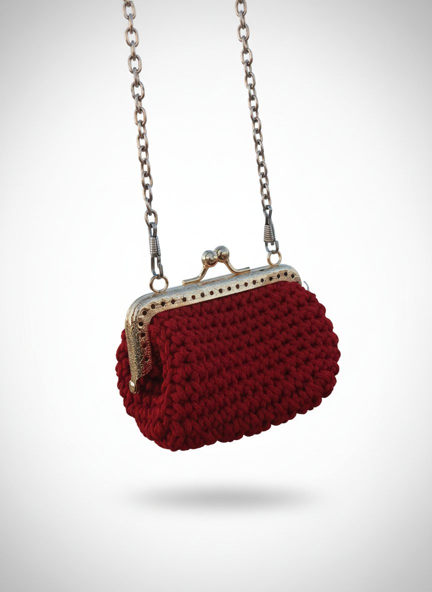 Mini sac / Porte-monnaie bandoulière en crochet rouge intense avec fermoir rétro