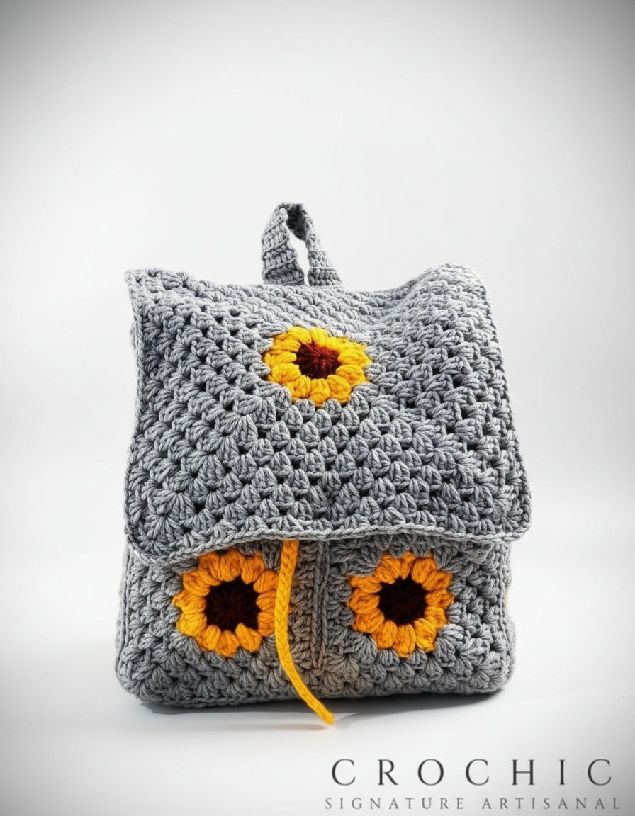 Adorable sac à dos en crochet gris avec motifs tournesols jaunes