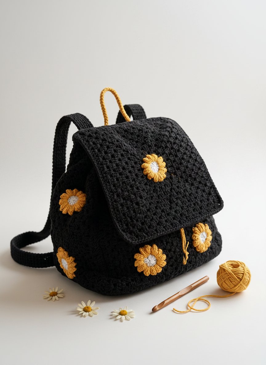 Sac à dos en crochet fait main style Boho / Fleurs Tournesol 🌻 (Neuf)