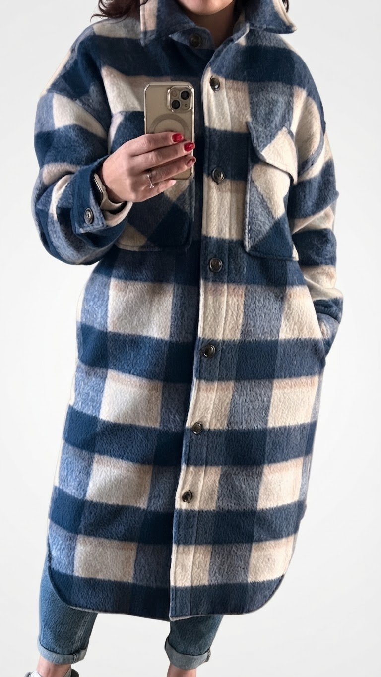 Manteau chemise à carreaux bleu marine et blanc avec doublure 