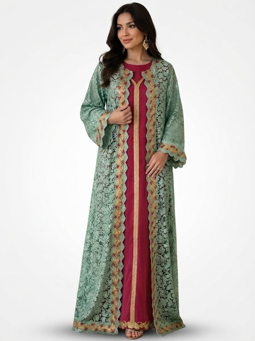 💖 Magnifique caftan deux pièces rose fuchsia et vert d’eau 💖