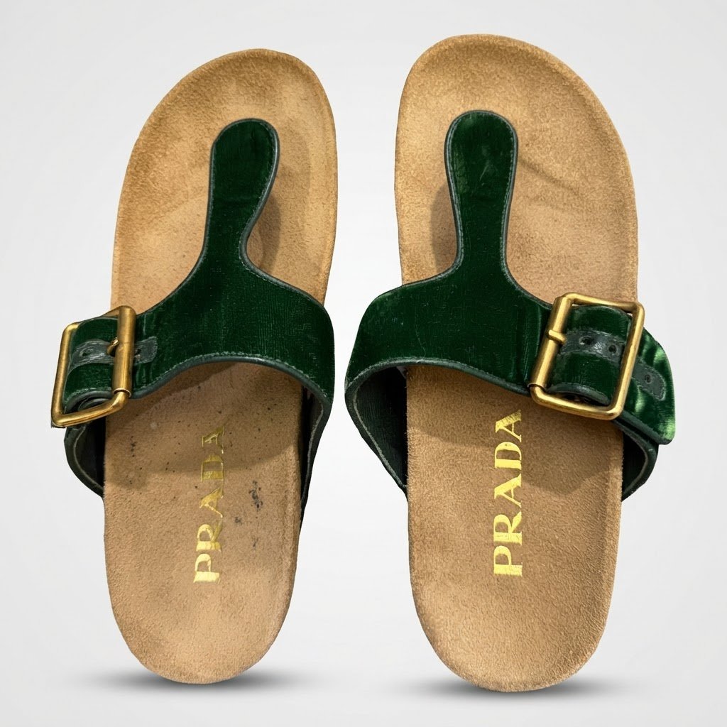 Prada Tongs en velours vert 
