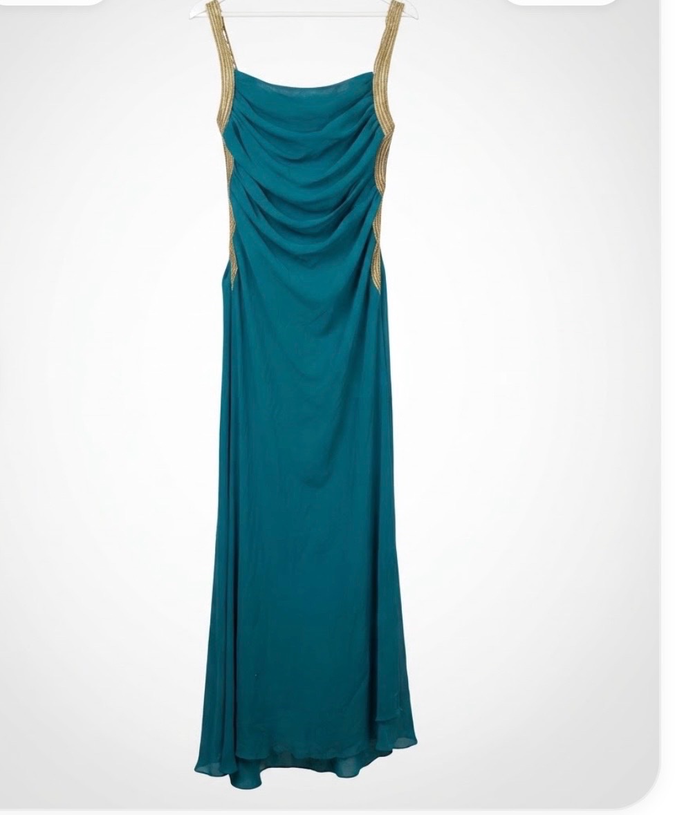 Robe soiree ROBE LONGUE BLEU PÉTROLE AVEC DRAPÉ EN MOUSSELINE DE SOIE 