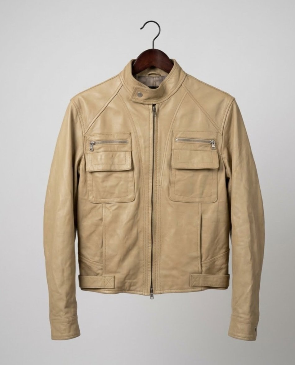 Blouson en cuir beige style Motard / Cafe Racer