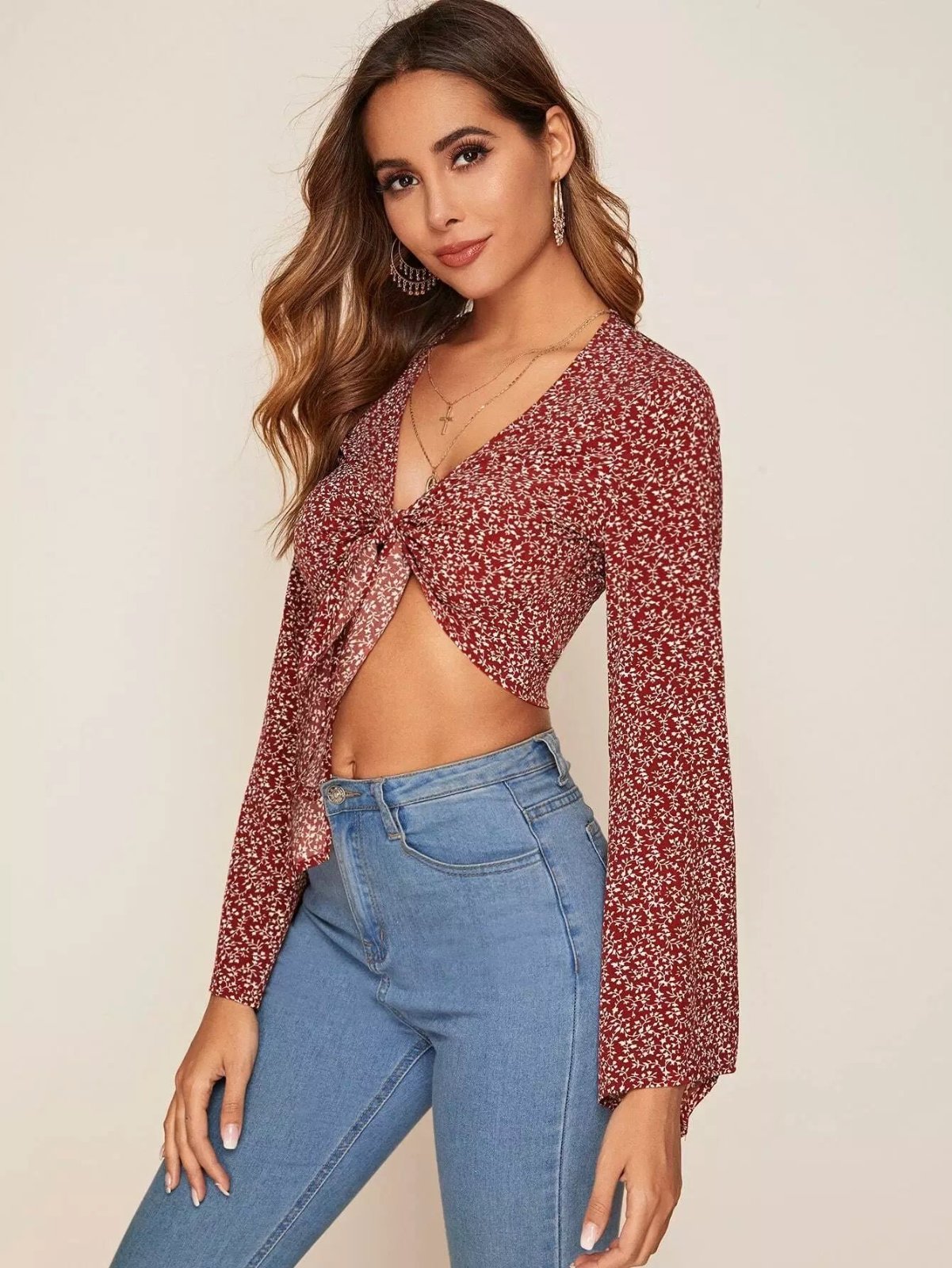 Women's SHEIN 100% Polyester RED & WHITE Floral Crop Tied Blouse Shirt