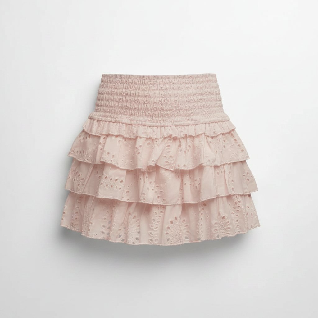  jupe rose clair  à trois volants en broderie anglaise 