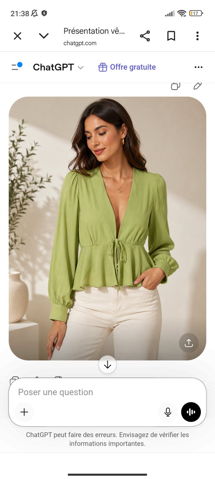 Chemise pistache très jolie taille M+boucles d'oreilles pistache gratuit crochet papillon gratuite 
