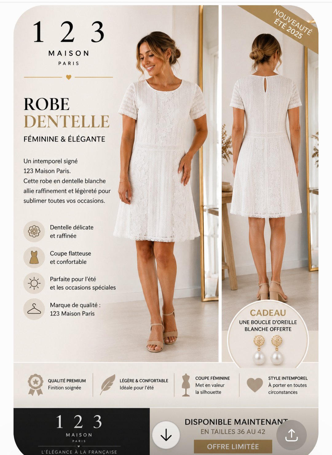 Robe blanche taille L+un sandales noires taille 39 cadeau+boucles d'oreilles blanche cadeau 