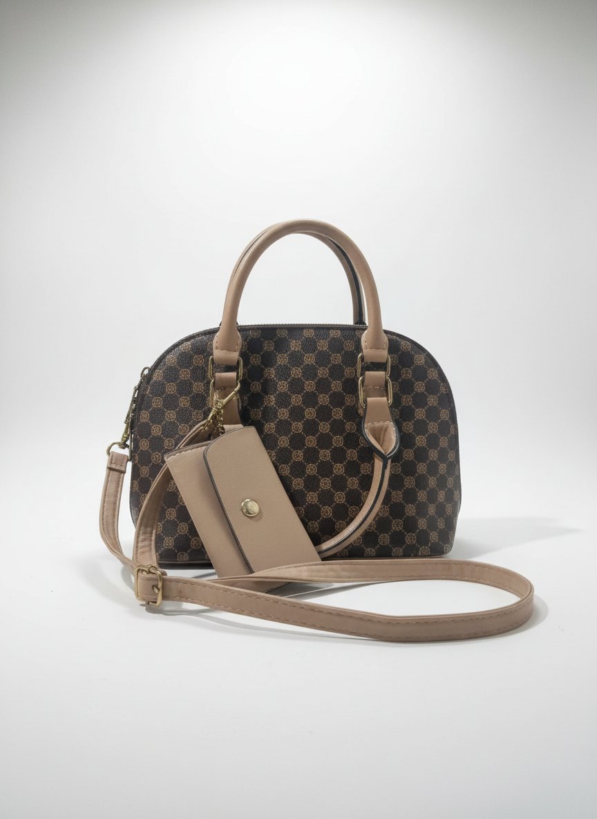 Sac beige et marron avec ceinture et un petit porte monnaie 