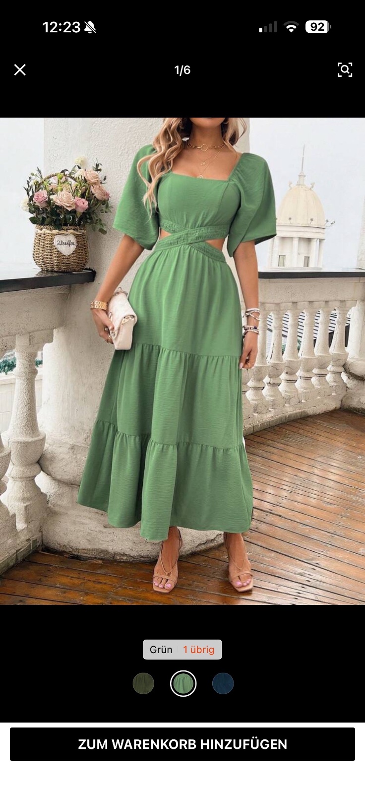 Robe unie midi avec col carré, detail ajouré et ourlet à volants