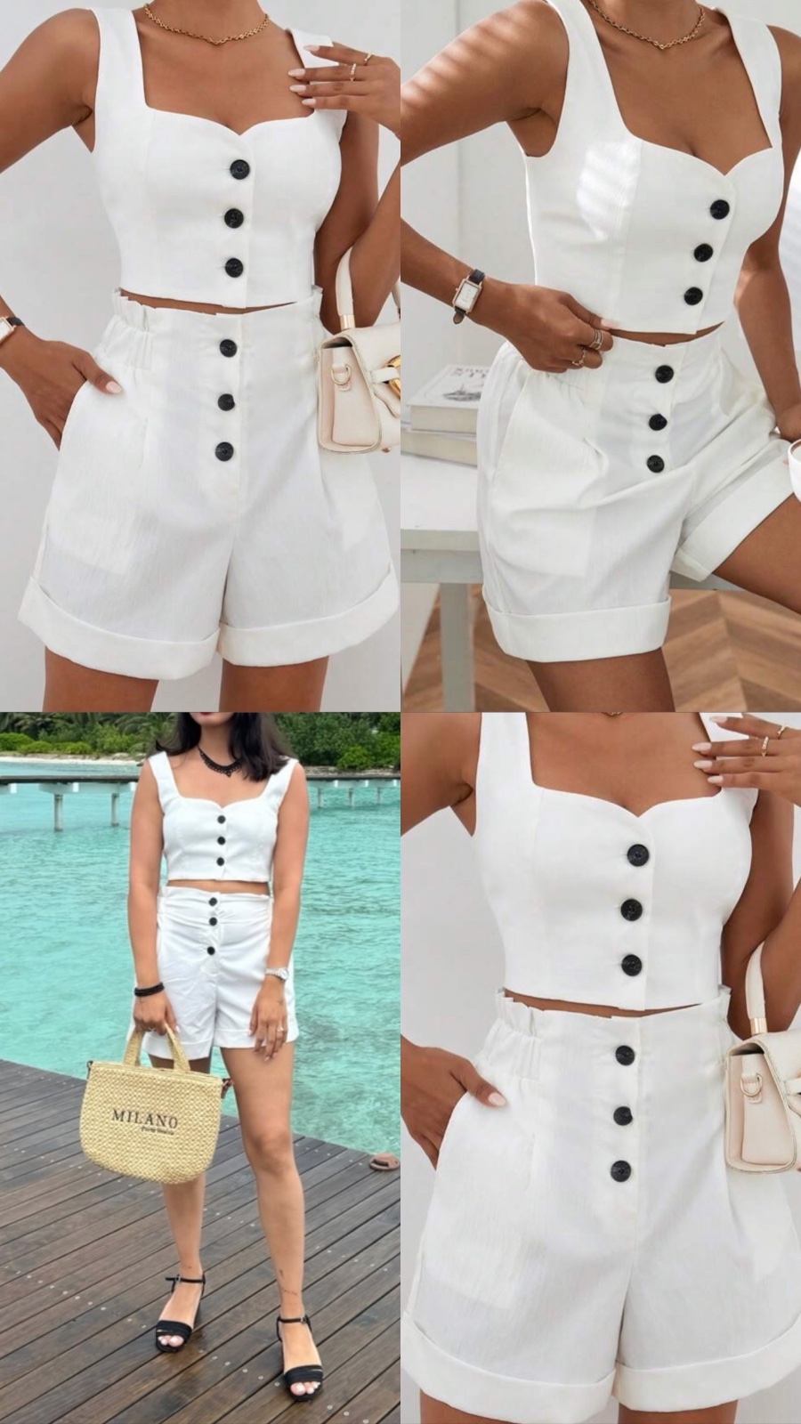 Ensemble GENKIRA : débardeur court à boutons sur le devant avec ourlet roulotté, et short assorti