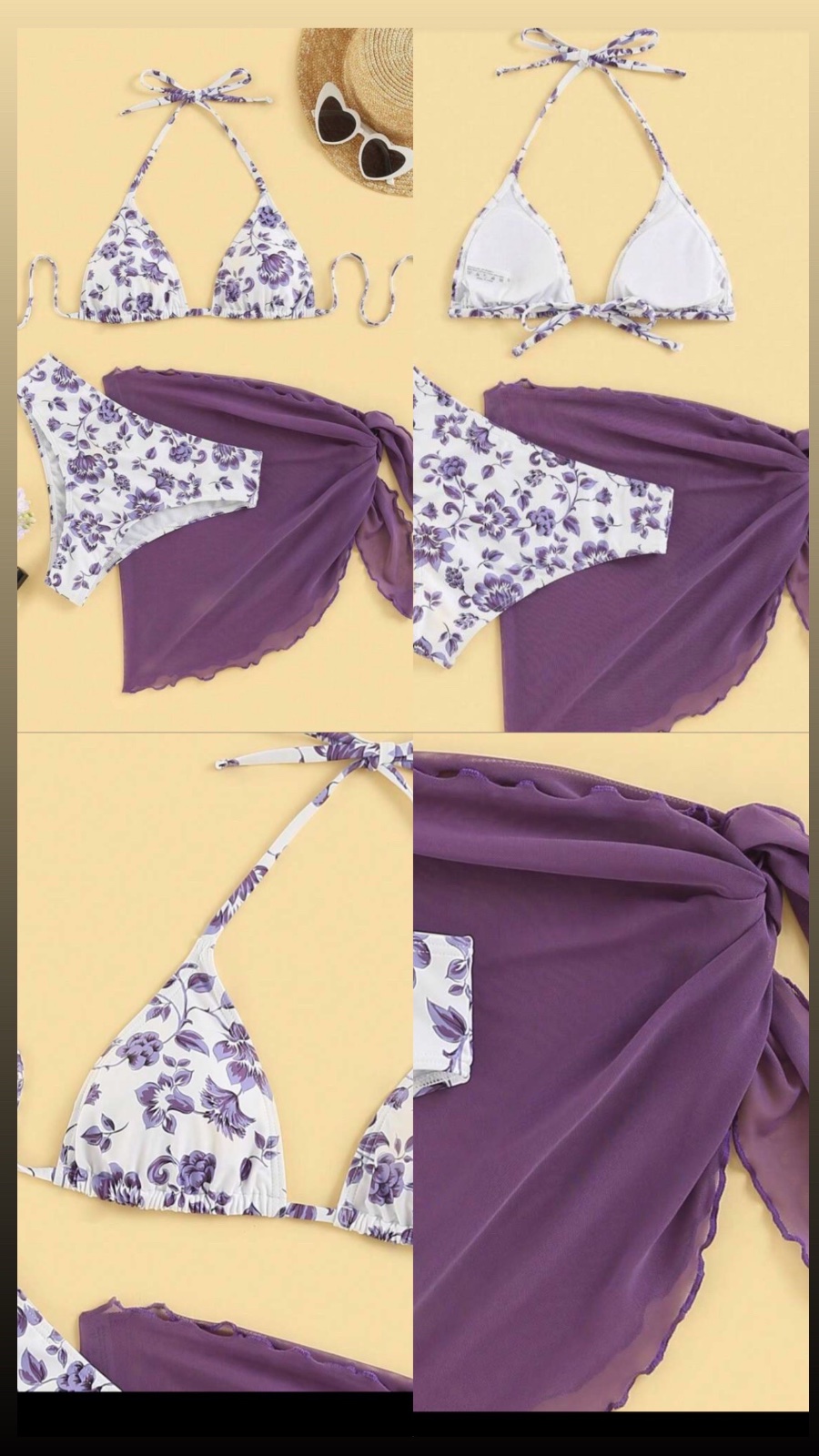 Ensemble bikini triangle SHEIN Swim Mod avec tour de cou, motif floral et jupe de plage