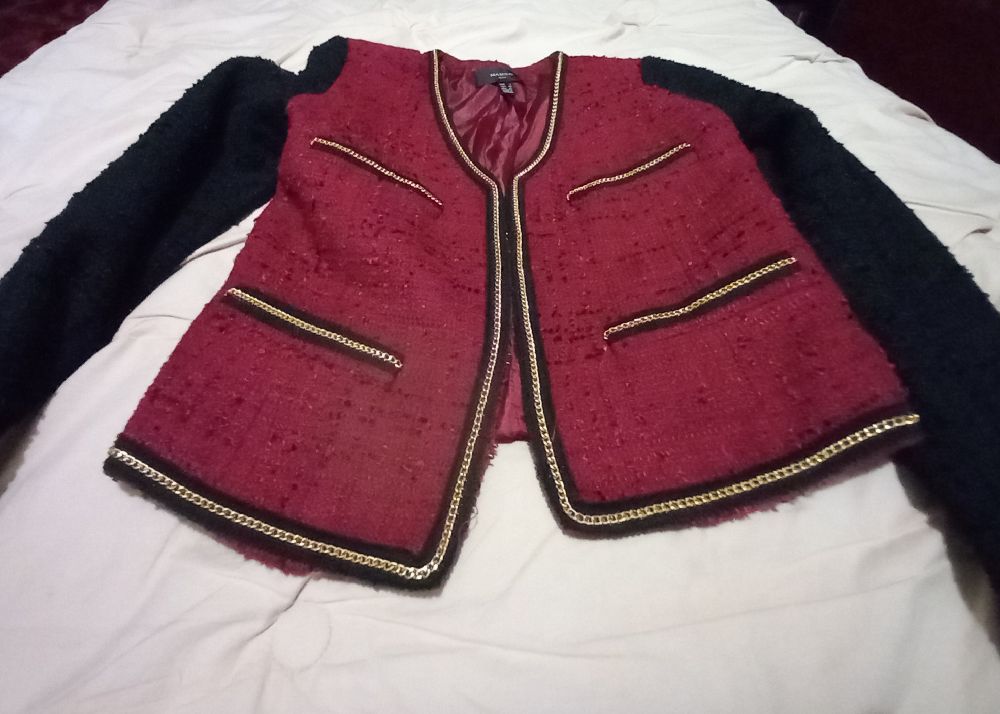 joli veston tweed  rouge bordeau et noir