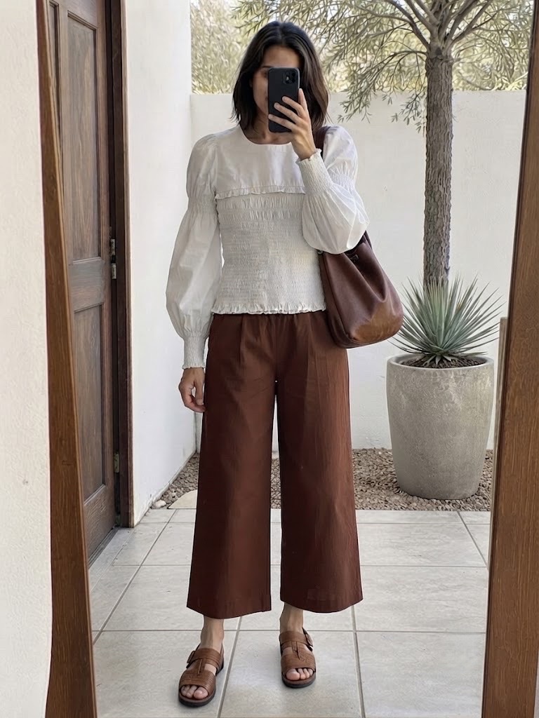 Ensemble pantalon marron en lin et chemise blanche 