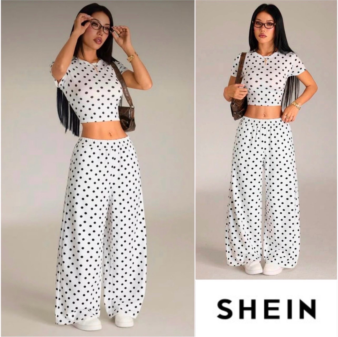 Ensemble 2 pièces T-shirt à manches courtes moulant imprimé pois et pantalon de survêtement ample, nouveau pour l'été 2026