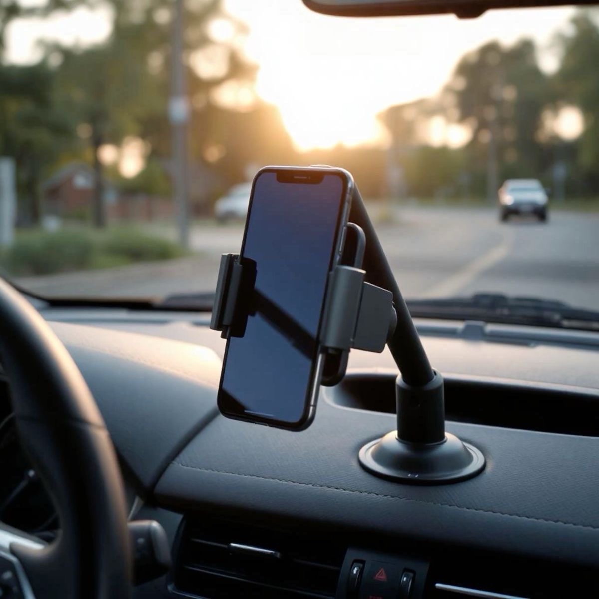 Ce support de téléphone voiture XO-C146 dispose d'un bras articulé noir et d'une ventouse puissante pour tableau de bord
