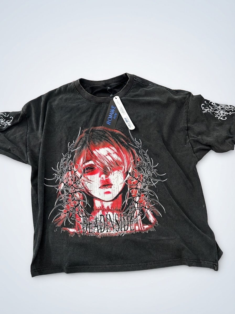 * Color: Washed Black * Style: Oversized / Streetwear * Design: Gothic Anime Graphic with Red & White Details