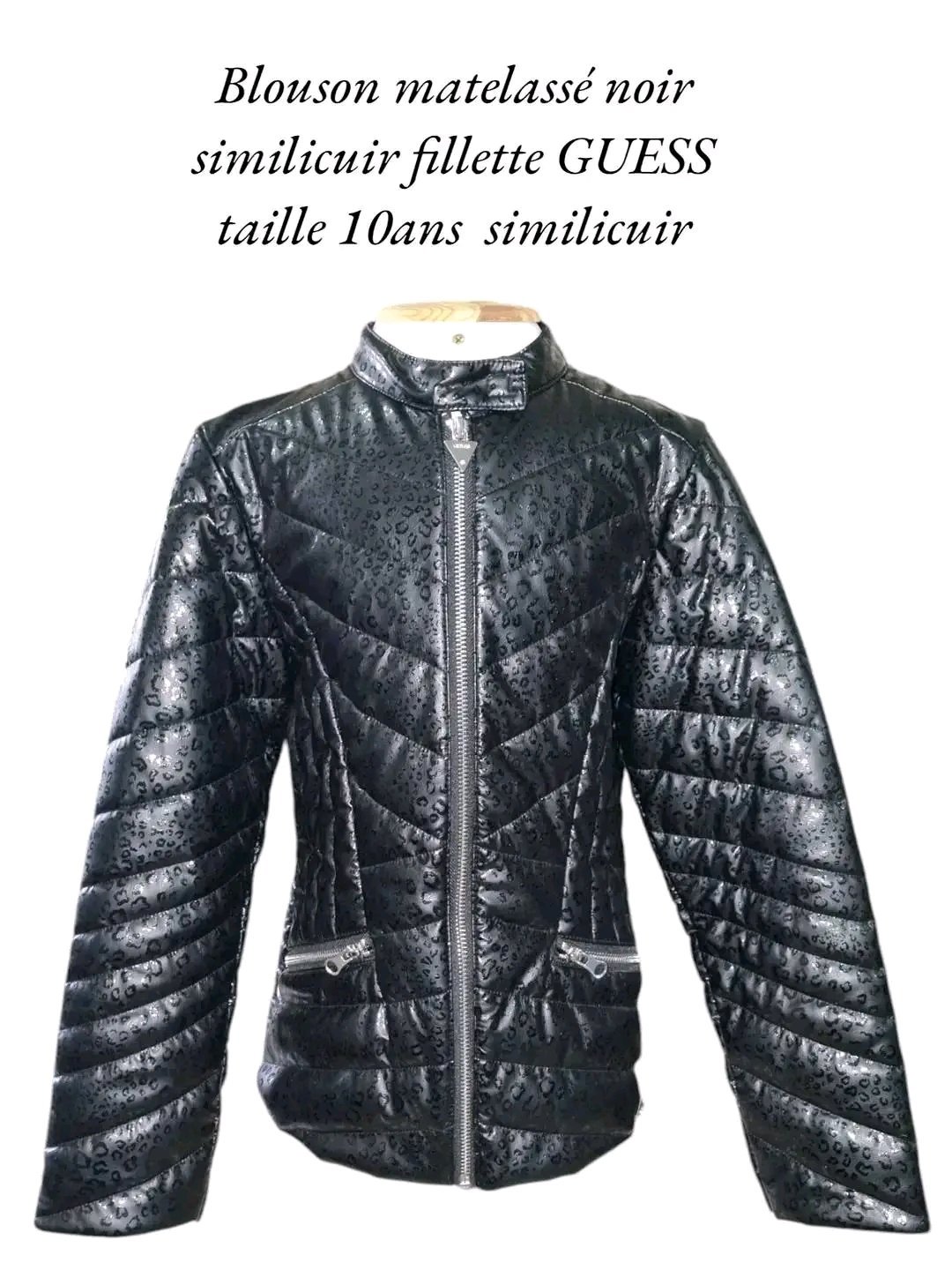 Beau blouson matelassé noir en similicuir GUESS 8/10ans