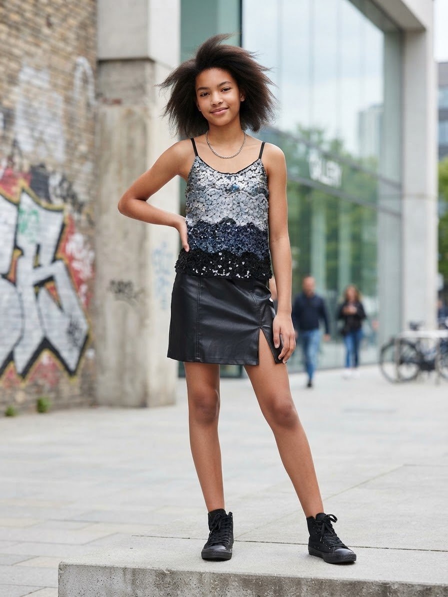 Joli lot soirée top à sequins et mini jupe similicuir 